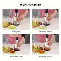 Kitchen Manual Tools Vertical Hand Press Garlic Cutter Chopper Onion Nuts Cutter Vegetable Food Chopper with Storage Container