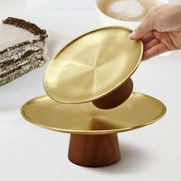 Stainless Steel Tray Fruit Bowl with Wooden Base Partitioned Candy Bread Cake Dessert Table Plates Kitchen Dinnerware Tableware