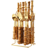 24Pcs Tableware Sets Stainless Steel Bamboo Cutlery SetPurely Natural Bamboo Handle Flatware Set Dinnerware Steak Knife Cutlery