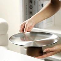 Stainless Steel Tray Fruit Bowl with Wooden Base Partitioned Candy Bread Cake Dessert Table Plates Kitchen Dinnerware Tableware