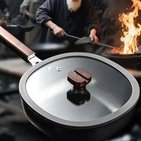 Cookware Refined Iron Square Frying Pan No Coating Flat Bottomed Stir Fry Pot with Visible Cover Wood Handle Wok Restaurant