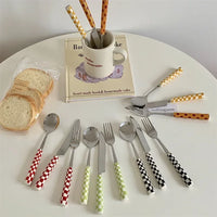 3pcs/set Stainless Steel Knife Fork Spoon Checkerboard Ceramic Handle Cutlery Set Western Tableware Dessert Fork Knife Spoon