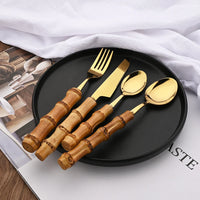 24Pcs Tableware Sets Stainless Steel Bamboo Cutlery SetPurely Natural Bamboo Handle Flatware Set Dinnerware Steak Knife Cutlery