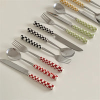 3pcs/set Stainless Steel Knife Fork Spoon Checkerboard Ceramic Handle Cutlery Set Western Tableware Dessert Fork Knife Spoon