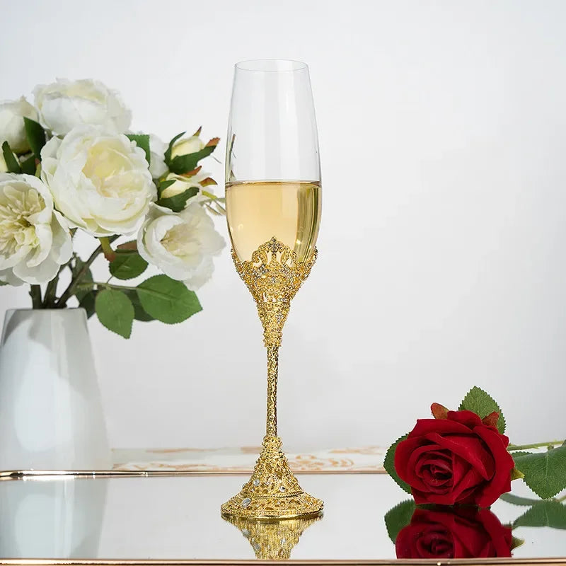 Luxury Crystal Rimmed Champagne Glass Drink Goblet Cup Wedding Toasting Flute Wine Glasses Set Rhinestone Drinkware Glasses Gift