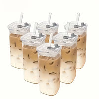 4Pcs Square Glass Cups Set 13oz Coffee Mugs With Lids Straws BPA Free With Cleaning Brush For Home Office School Outdoor Wedding Gift Drinkware