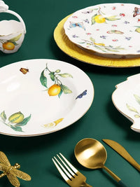 Europeanc Style Ceramic Dining Plate Elegant Lemon Pattern Dinner Steak Plate Coffee Cup Set Western Cuisine Dessert Plate
