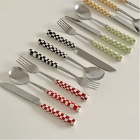 3pcs/set Stainless Steel Knife Fork Spoon Checkerboard Ceramic Handle Cutlery Set Western Tableware Dessert Fork Knife Spoon