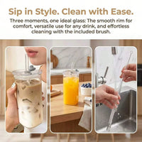 4Pcs Square Glass Cups Set 13oz Coffee Mugs With Lids Straws BPA Free With Cleaning Brush For Home Office School Outdoor Wedding Gift Drinkware