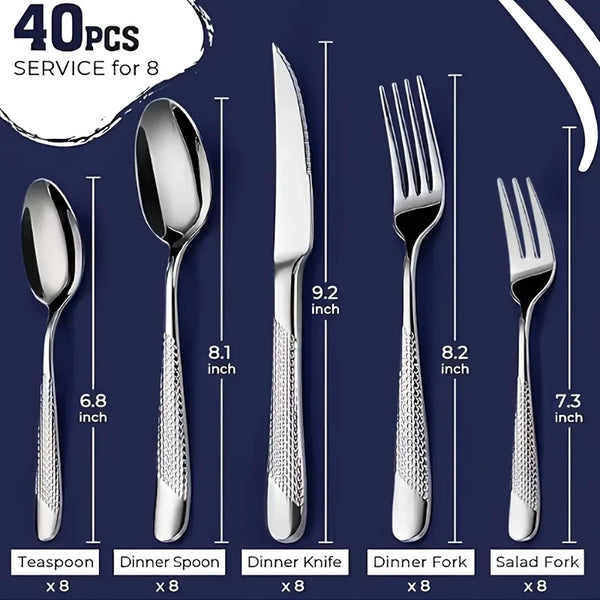 40-Piece Stainless Steel Tableware Set, Advanced Stainless Steel Kitchenware Set, Including Knives, Forks, Spoons and Tableware.