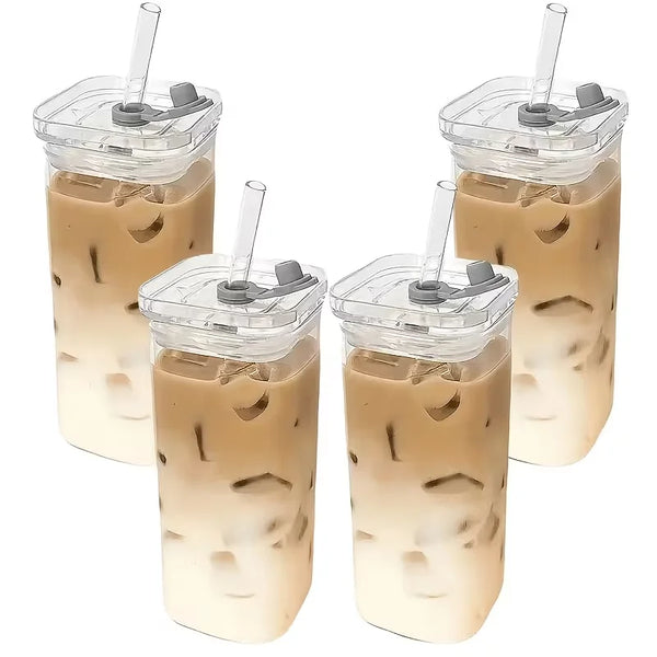 4Pcs Square Glass Cups Set 13oz Coffee Mugs With Lids Straws BPA Free With Cleaning Brush For Home Office School Outdoor Wedding Gift Drinkware