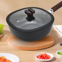 Cookware Refined Iron Square Frying Pan No Coating Flat Bottomed Stir Fry Pot with Visible Cover Wood Handle Wok Restaurant
