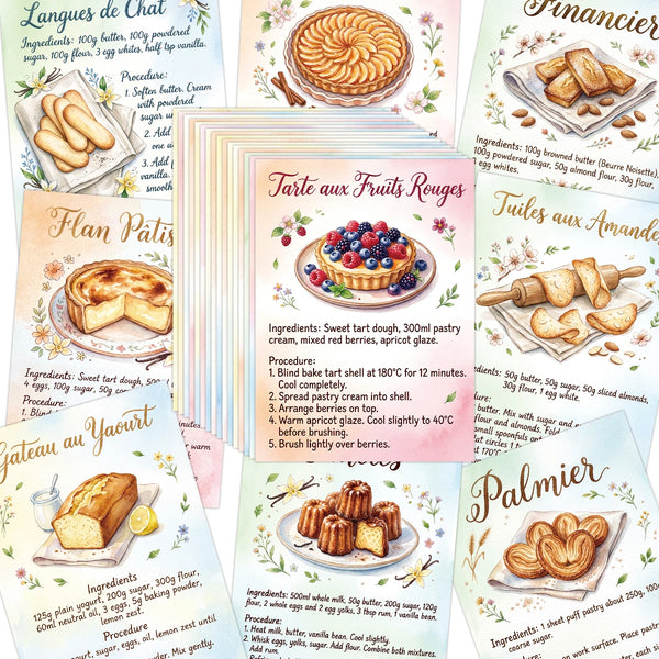 40pcs Colored Baking Dessert Recipe Cards,Ingredients&Step-By-Step Instructions,For Home Bakers,Recipe Journaling,Kitchen Decor