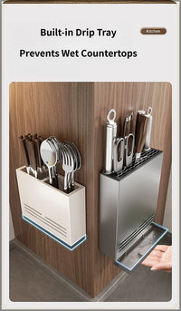 Wall Mount Kitchen Knife Holder Carbon Steel No Drill Space Saver Heavy Duty Multifunctional Household Kitchen Tidy Organizer