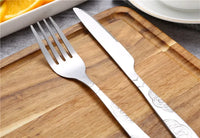 7pcs/ Set Stainless Steel Tableware Set Outdoor Portable Cloth Bag Knife Fork Spoon Chopsticks Straw Rich Flowers Seven Sets