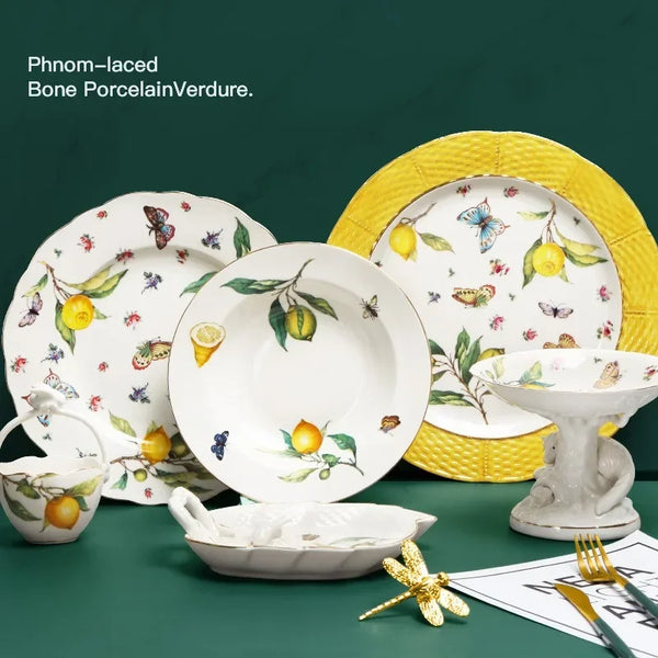Europeanc Style Ceramic Dining Plate Elegant Lemon Pattern Dinner Steak Plate Coffee Cup Set Western Cuisine Dessert Plate