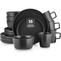 16-piece ceramic tableware set, 4-piece set, black plate and bowl tableware set, dishwasher-cleaned, microwaveable, black matte