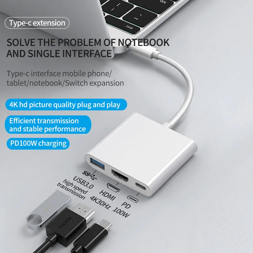 3 in 1 USBC to HDMI HUB Type-C Multiport Adapter HDTV 4K with 100W PD USB 3.0 Docking Station for Switch Macbook Laptop Phone PC
