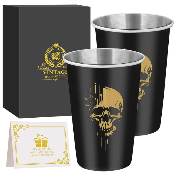 LKKCHER 500ml Pint Glass Skull Pattern 3.25oz Weizen Glass 2pcs/Set Stainless Steel Large Capacity Drinkware for Beer Gifts Set
