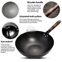 Konco Iron Wok Cast Iron Pan Non-Coated Pot General Use for Gas and Induction Cooker 32cm Chinese Wok Cookware Pan Kitchen Tools