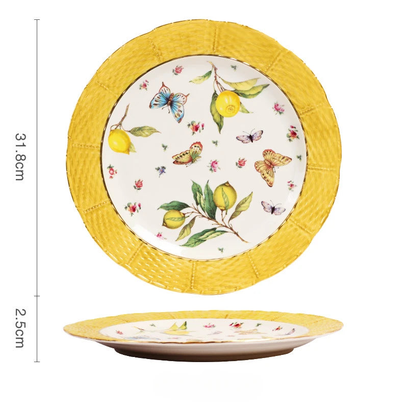 Europeanc Style Ceramic Dining Plate Elegant Lemon Pattern Dinner Steak Plate Coffee Cup Set Western Cuisine Dessert Plate