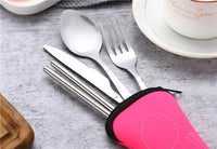 7pcs/ Set Stainless Steel Tableware Set Outdoor Portable Cloth Bag Knife Fork Spoon Chopsticks Straw Rich Flowers Seven Sets
