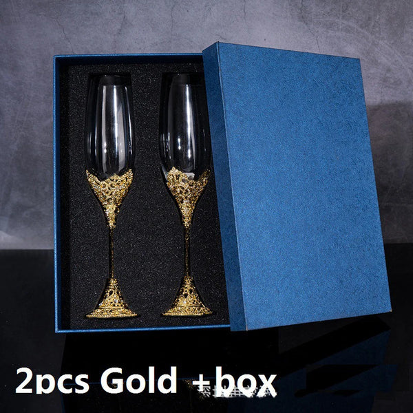 Luxury Crystal Rimmed Champagne Glass Drink Goblet Cup Wedding Toasting Flute Wine Glasses Set Rhinestone Drinkware Glasses Gift