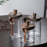 Glass Food Storage Containers with Wooden Lids and Scoop Glass Sealed Jar Airtight Food Storage Jar for Sugar Coffee Bean Candy